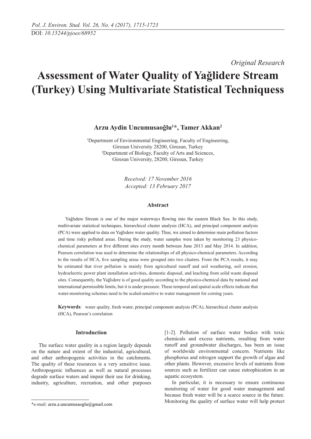 Assessment of Water Quality of Yağlidere Stream (Turkey) Using Multivariate Statistical Techniquess