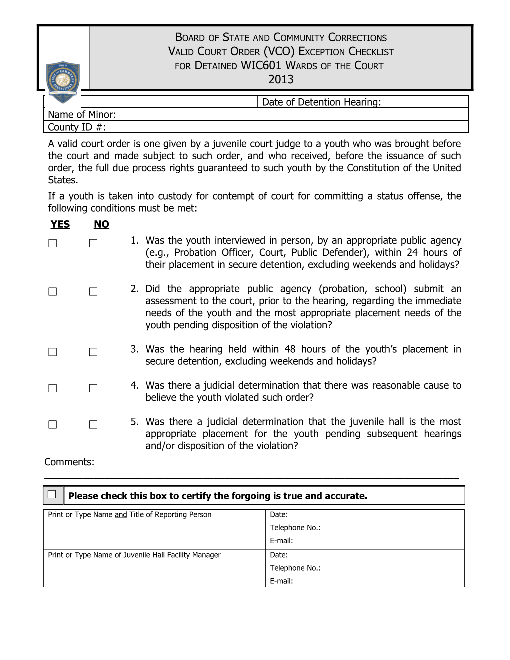 2012 VCO Exception Checklist