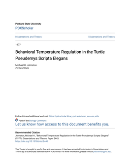 Behavioral Temperature Regulation in the Turtle Pseudemys Scripta Elegans