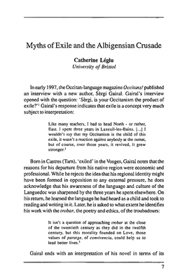 Myths of Exile and the Albigensian Crusade