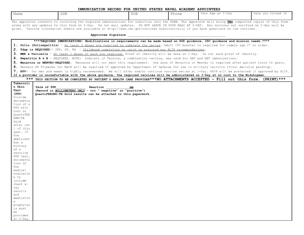 Immunization Record for Appointees Tho the United States Naval Academy