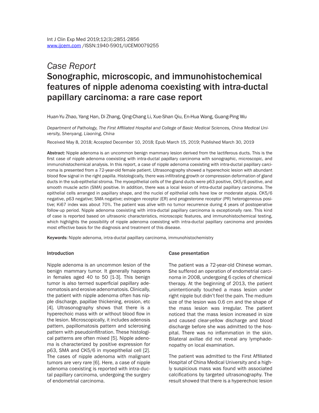 Case Report Sonographic, Microscopic, and Immunohistochemical Features of Nipple Adenoma Coexisting with Intra-Ductal Papillary Carcinoma: a Rare Case Report