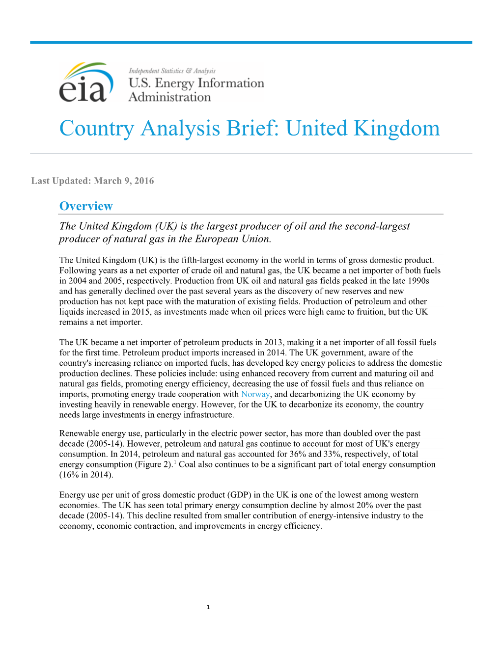 Country Analysis Brief: United Kingdom