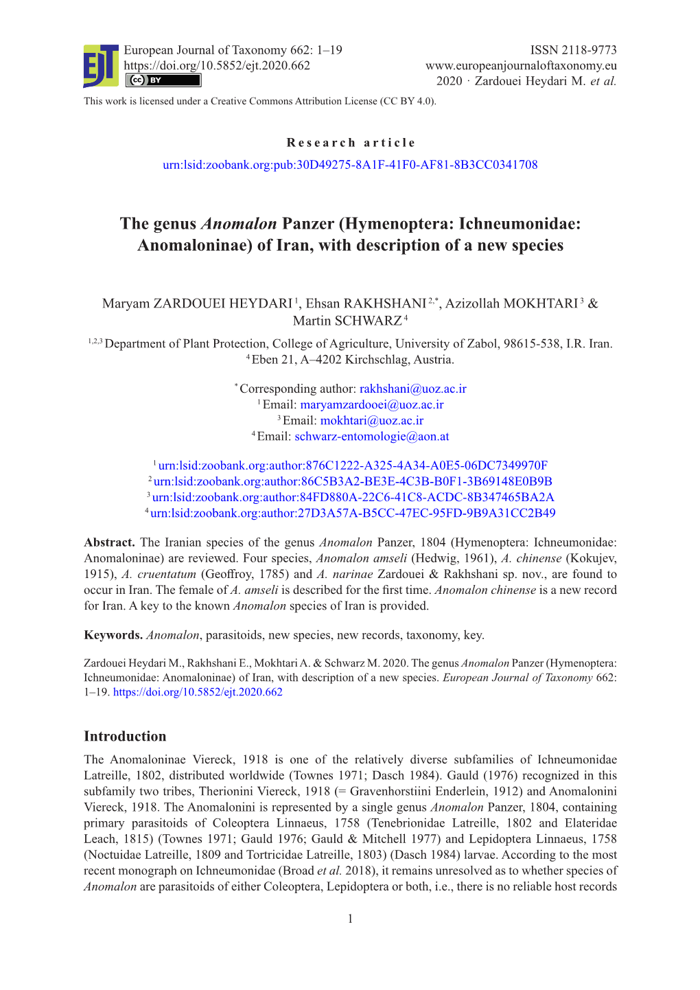 The Genus Anomalon Panzer (Hymenoptera: Ichneumonidae: Anomaloninae) of Iran, with Description of a New Species