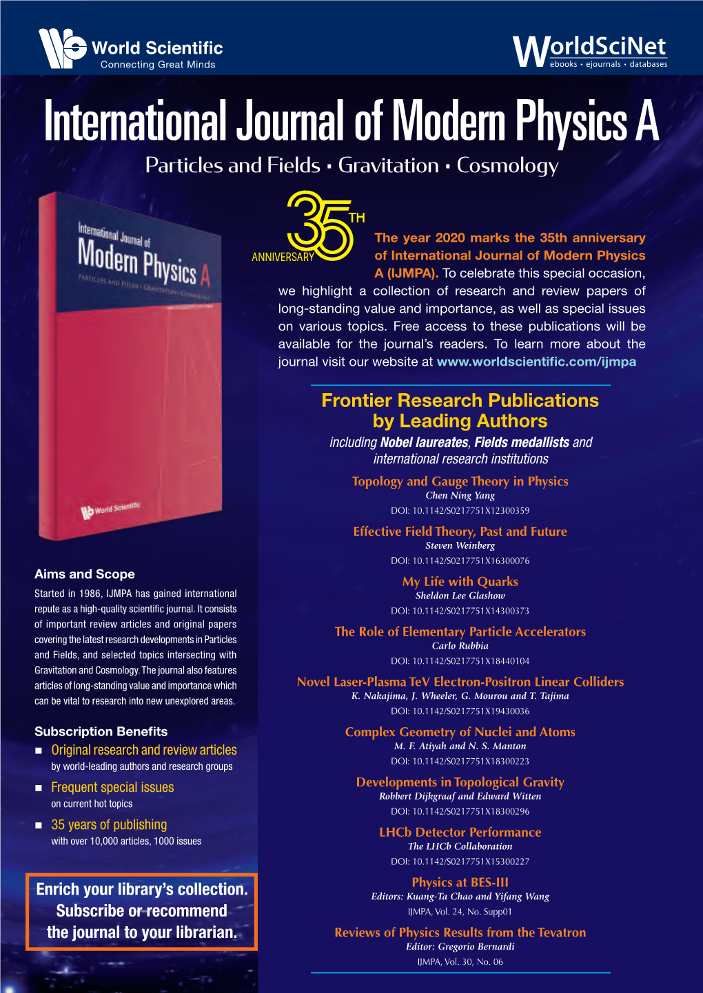 International Journal of Modern Physics a Particles and Fields • Gravitation • Cosmology