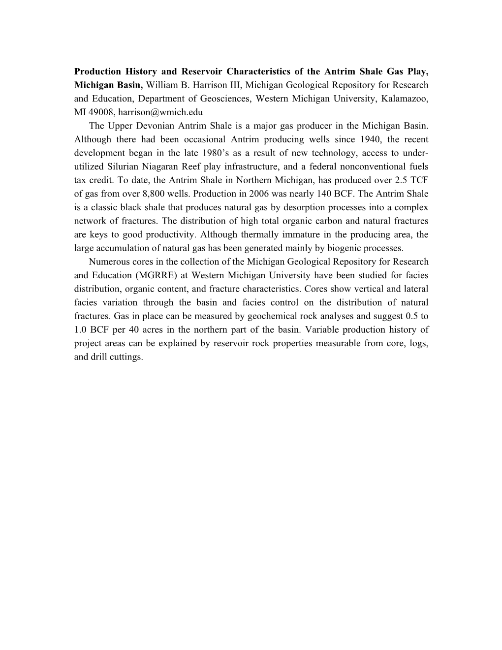 Production History and Reservoir Characteristics of the Antrim Shale Gas Play, Michigan Basin, William B