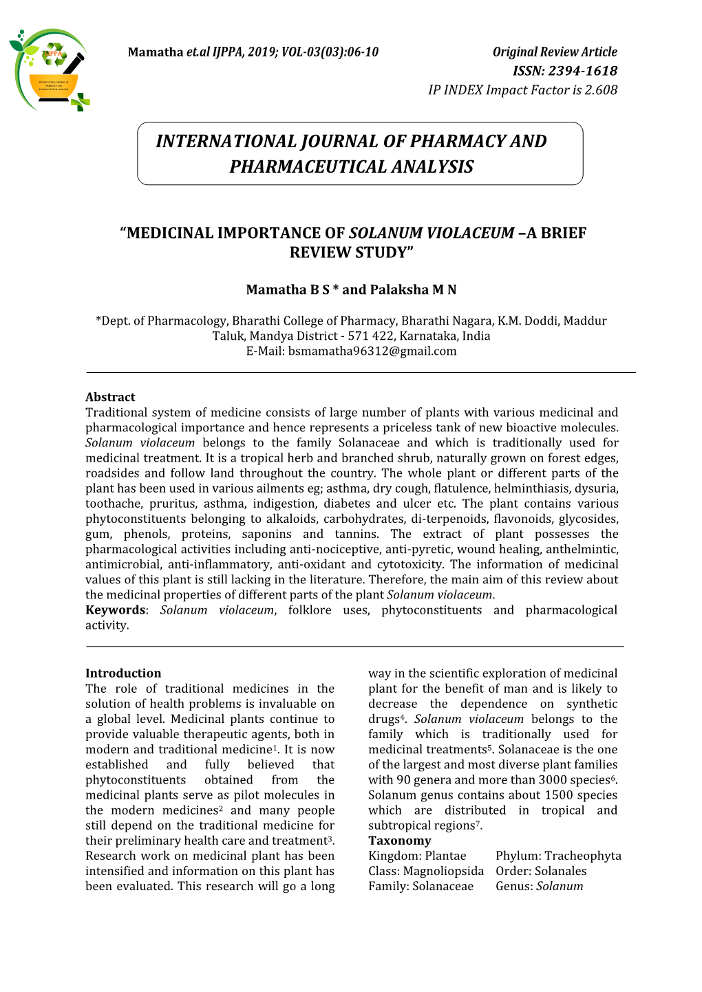 IJPPA | International Journal of Pharmacy and Pharmaceutical