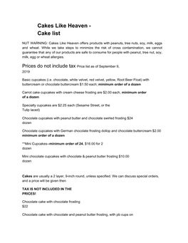 Cakes Like Heaven - Cake List