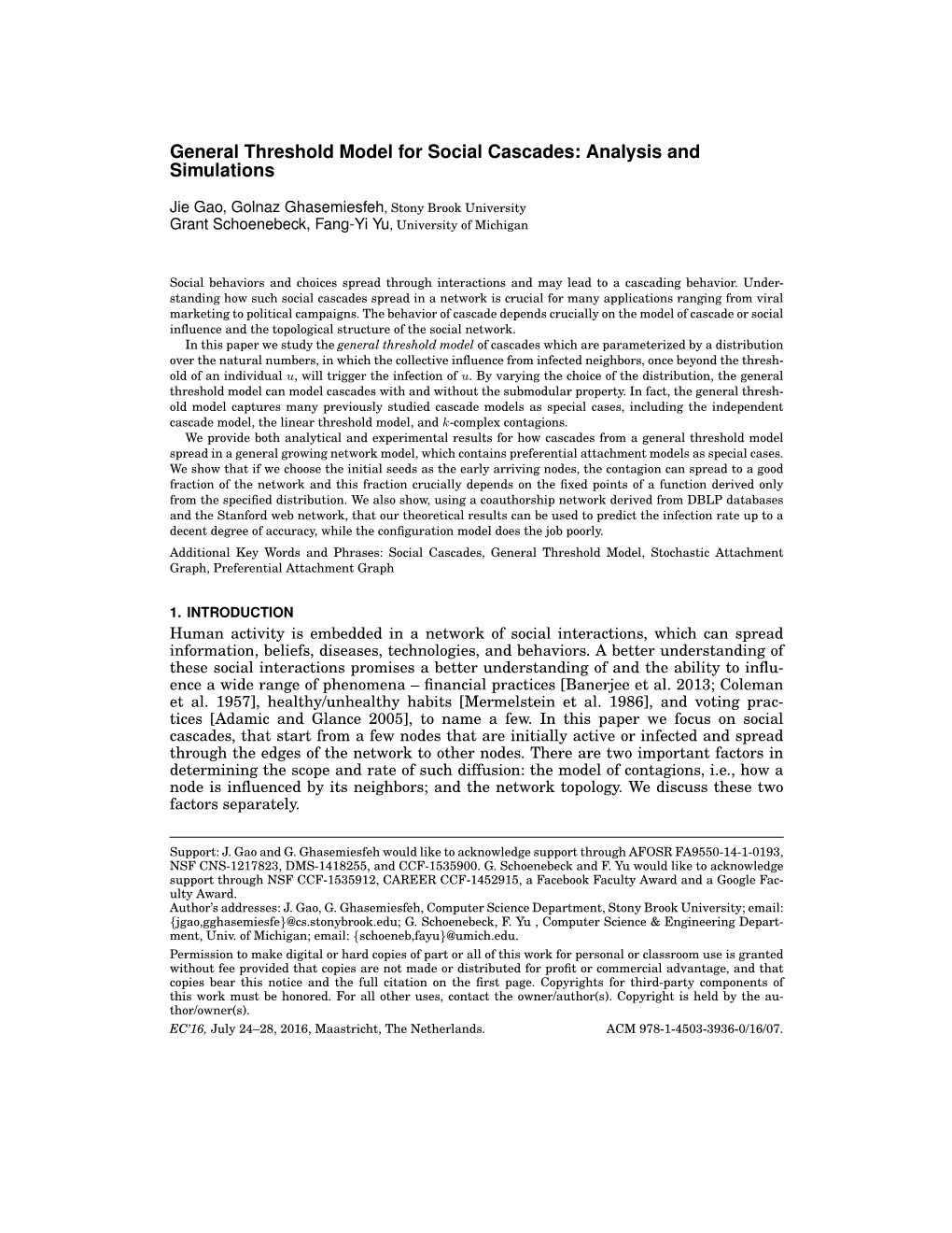 General Threshold Model for Social Cascades: Analysis and Simulations