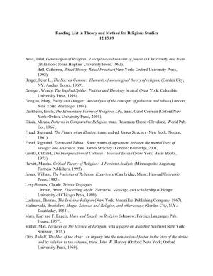 Reading List in Theory and Method for Religious Studies 12.15.09 Asad
