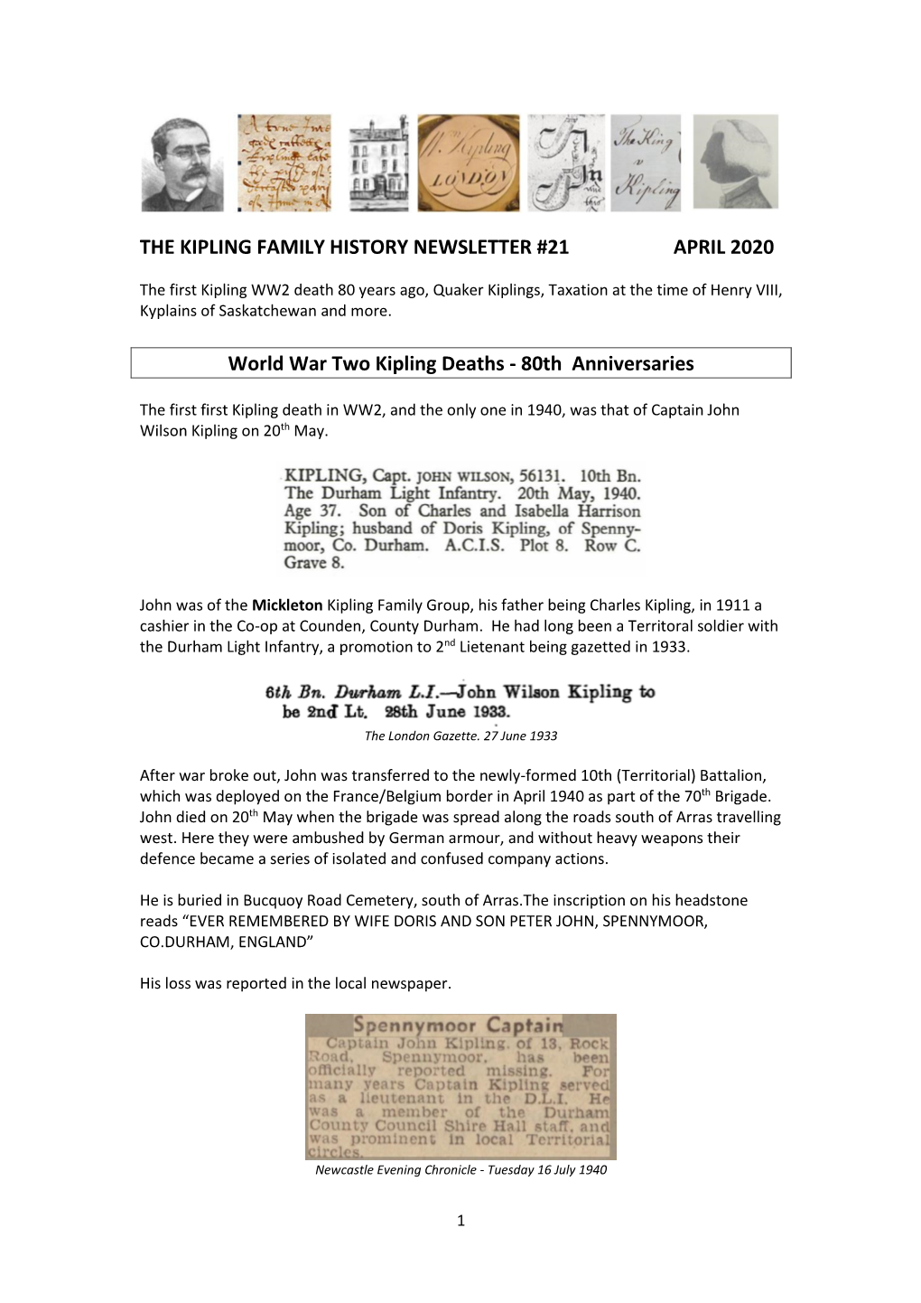 The Kipling Family History Newsletter #21 April 2020