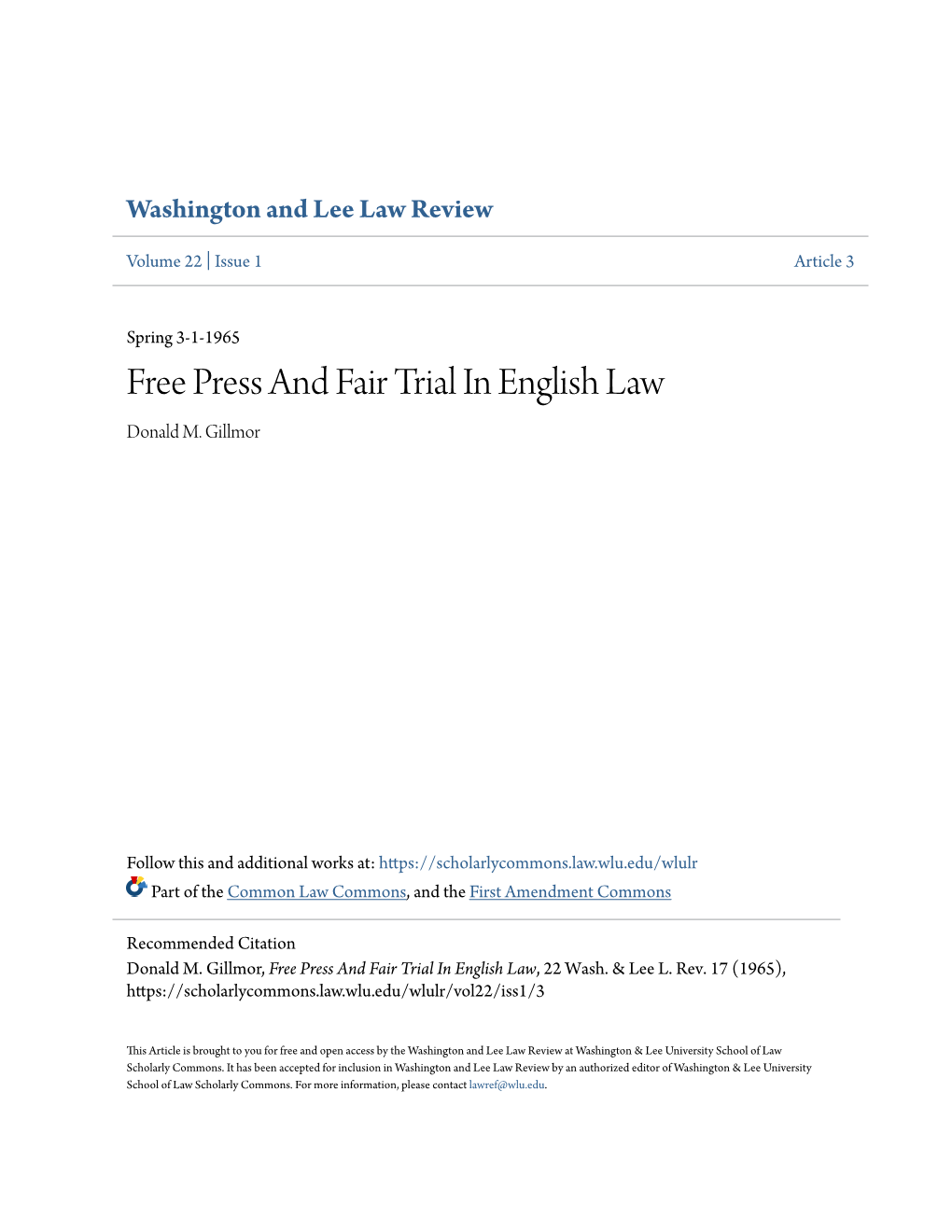 Free Press and Fair Trial in English Law Donald M