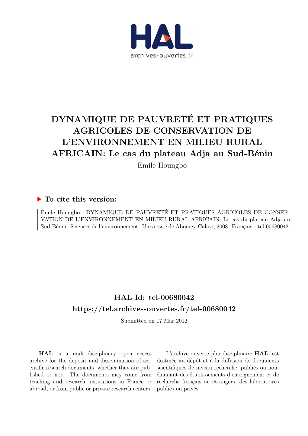 Le Cas Du Plateau Adja Au Sud-Bénin Emile Houngbo