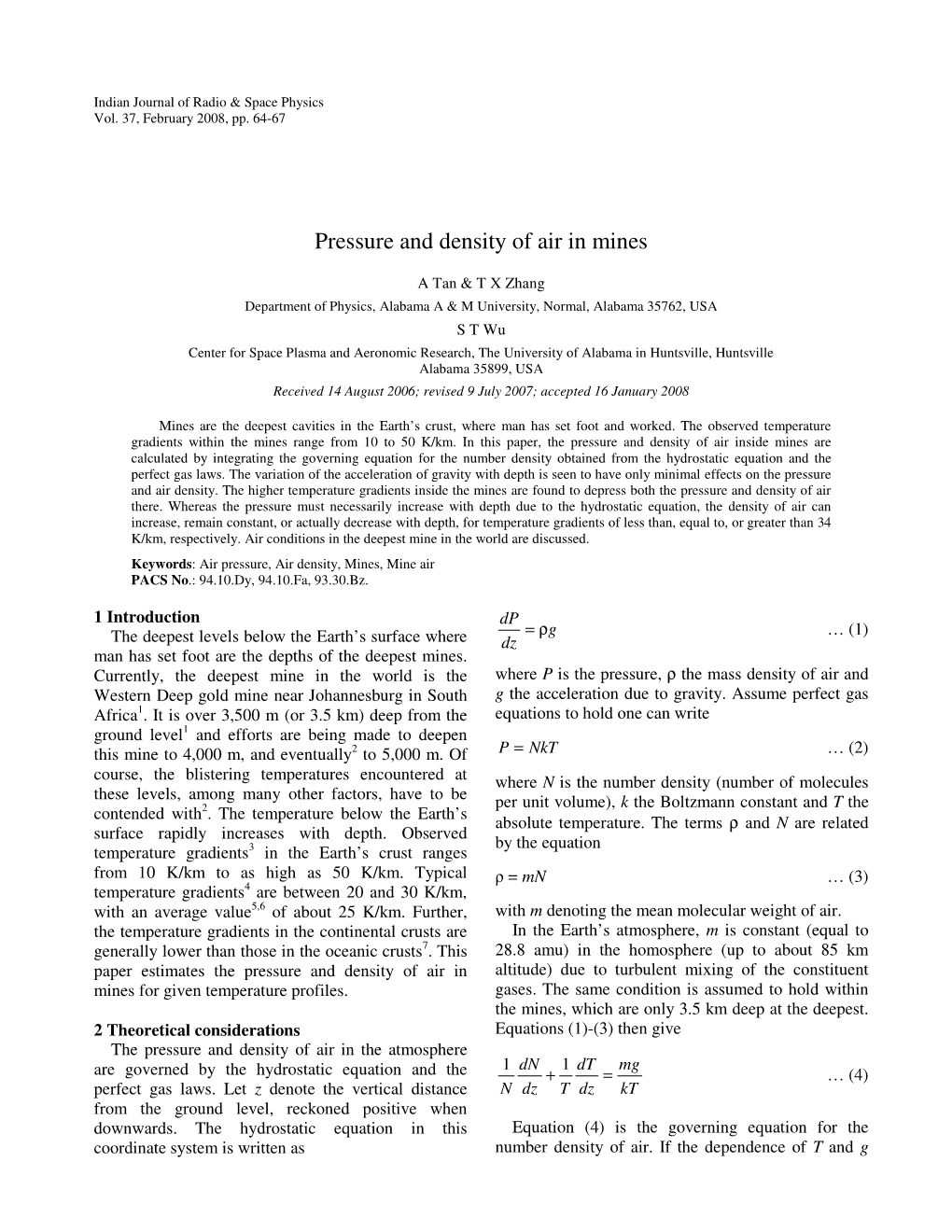 Pressure and Density of Air in Mines