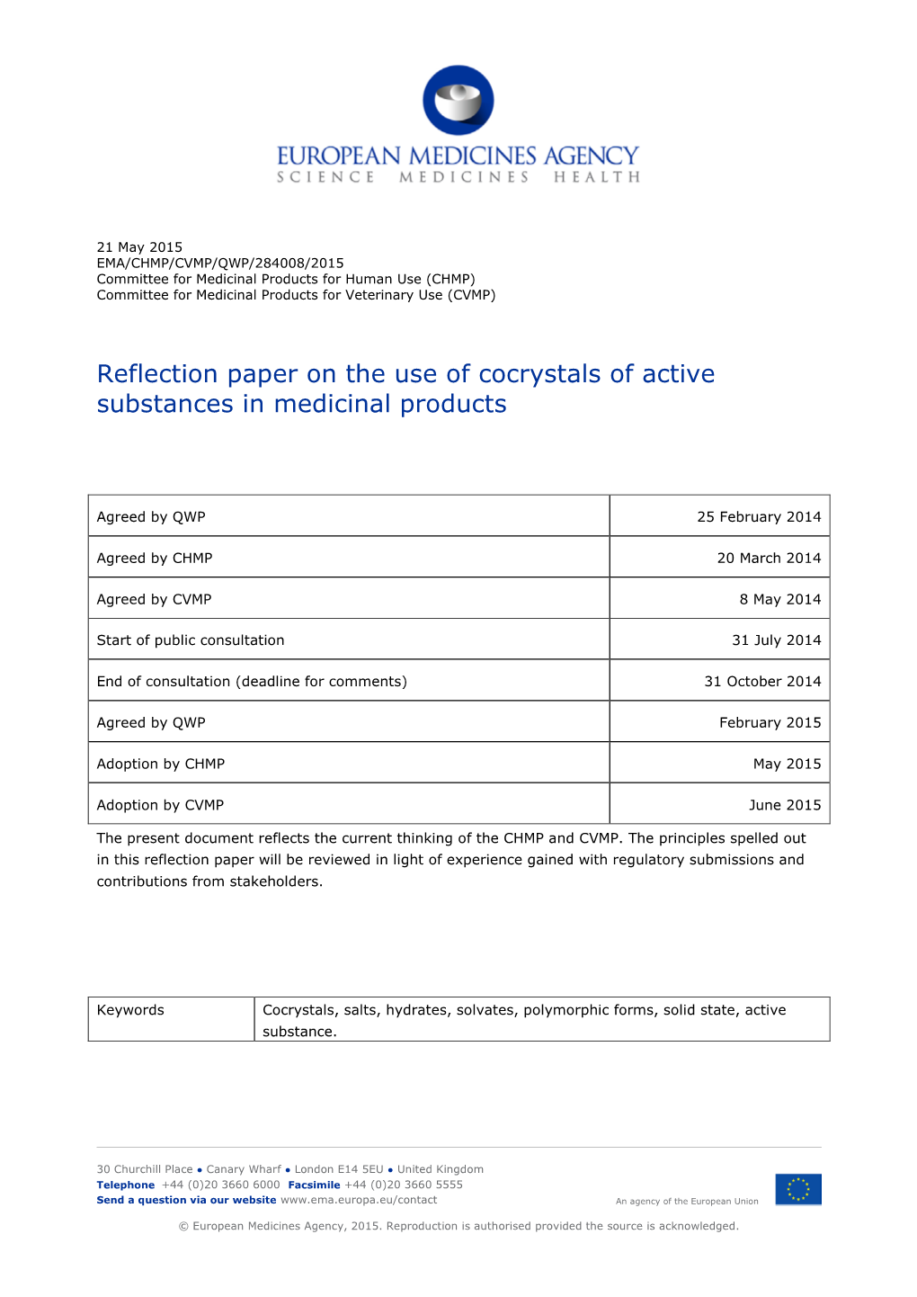 Reflection Paper on the Use of Cocrystals of Active Substances in Medicinal Products
