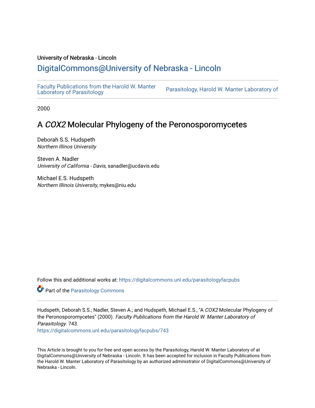 A <I>COX2</I> Molecular Phylogeny of the Peronosporomycetes