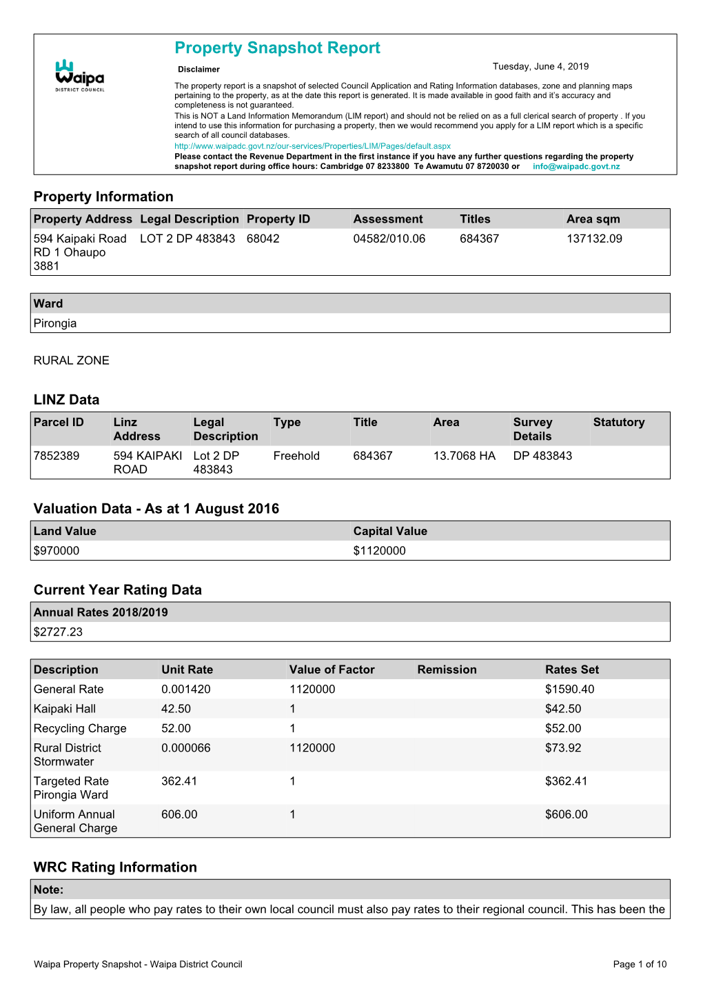 Waipa Property Snapshot - Waipa District Council Page 1 of 10 Note: Case Since 1989