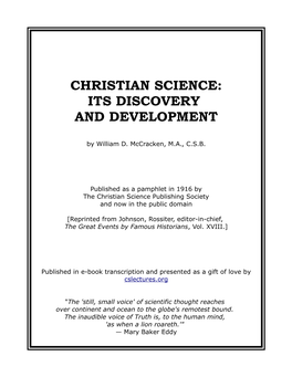 Christian Science: Its Discovery and Development