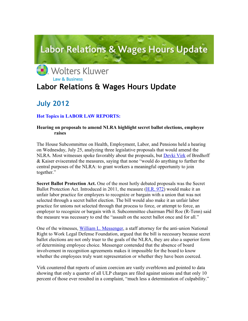 Labor Relations & Wages Hours Update