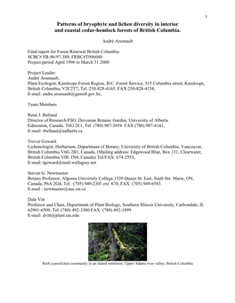 Patterns of Bryophyte and Lichen Diversity in Interior and Coastal Cedar-Hemlock Forests of British Columbia