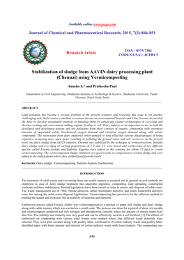 Stabilization of Sludge from AAVIN Dairy Processing Plant (Chennai) Using Vermicomposting