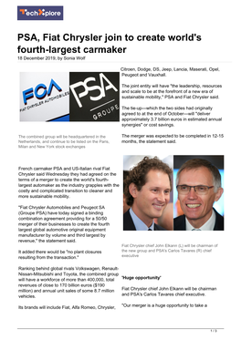 PSA, Fiat Chrysler Join to Create World's Fourth-Largest Carmaker 18 December 2019, by Sonia Wolf