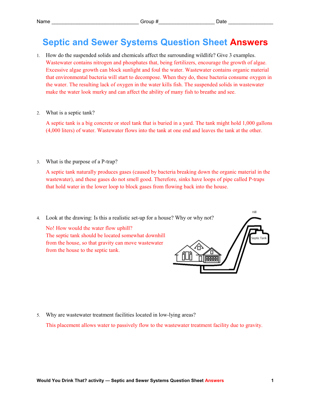 Septic and Sewer Systems Question Sheet Answers