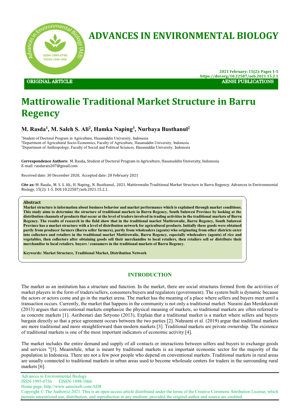 ADVANCES in ENVIRONMENTAL BIOLOGY Mattirowalie Traditional Market Structure in Barru Regency