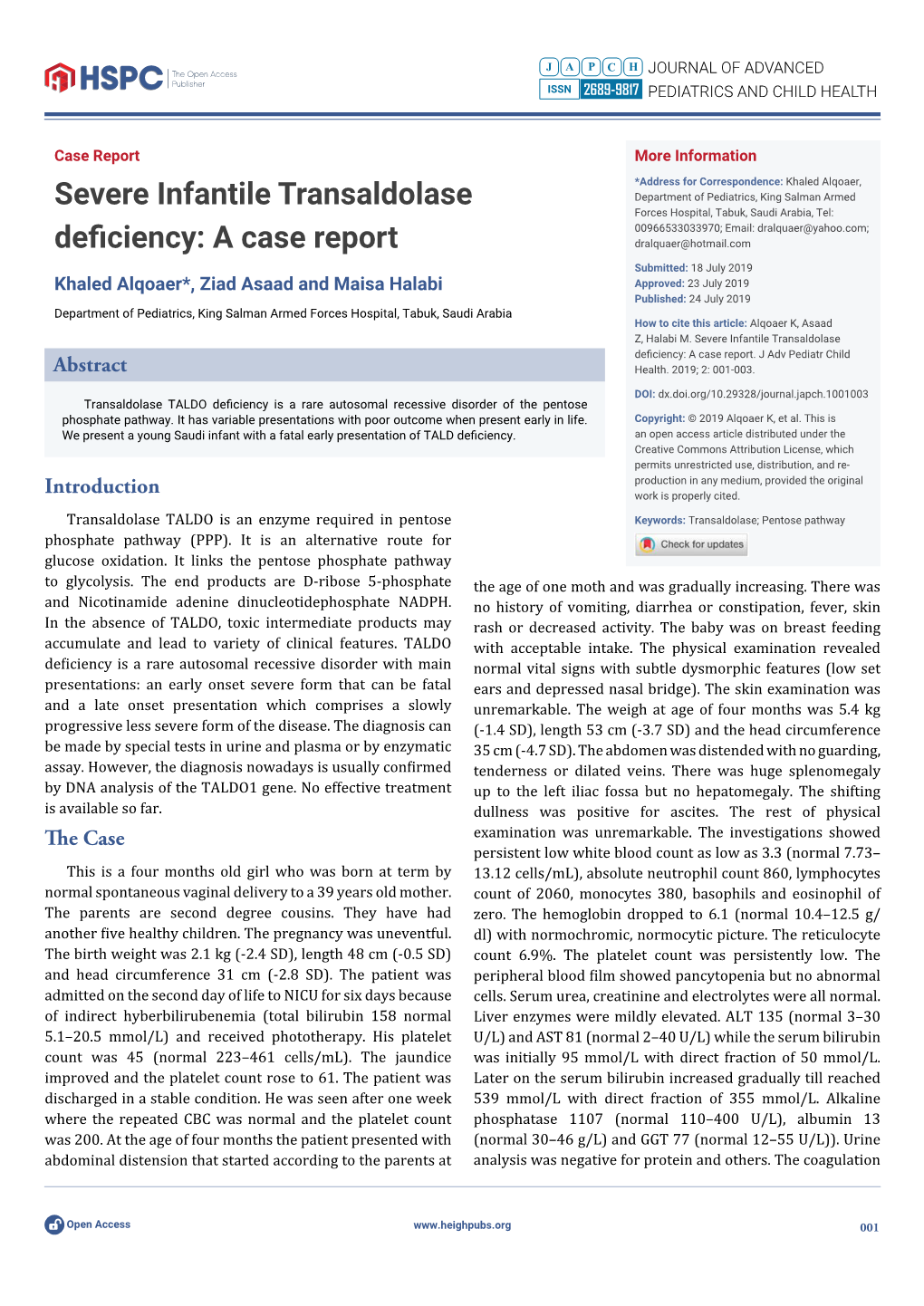 Severe Infantile Transaldolase Deficiency