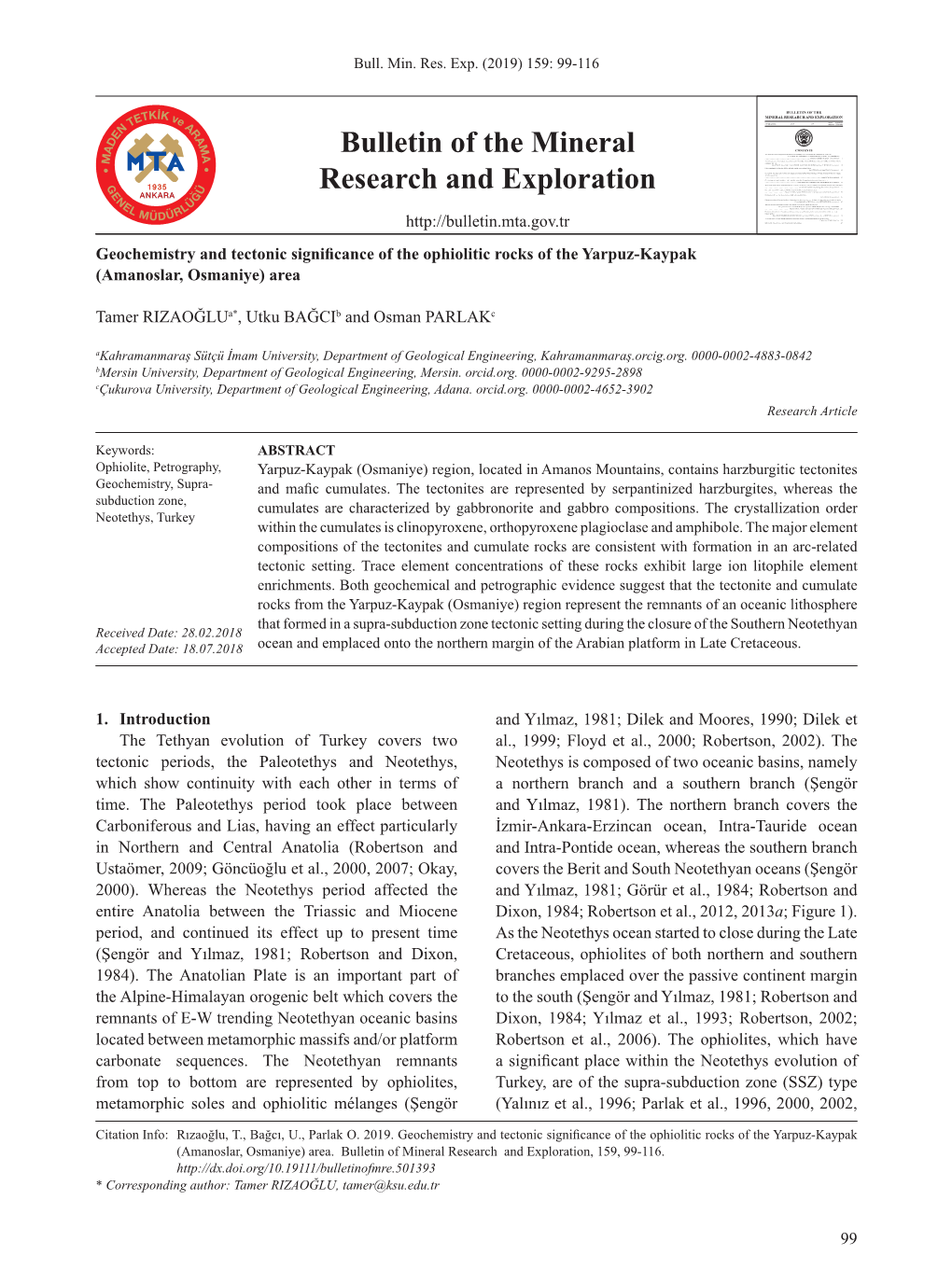 Bulletin of the Mineral Research and Exploration