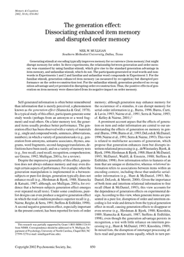 The Generation Effect: Dissociating Enhanced Item Memory and Disrupted Order Memory