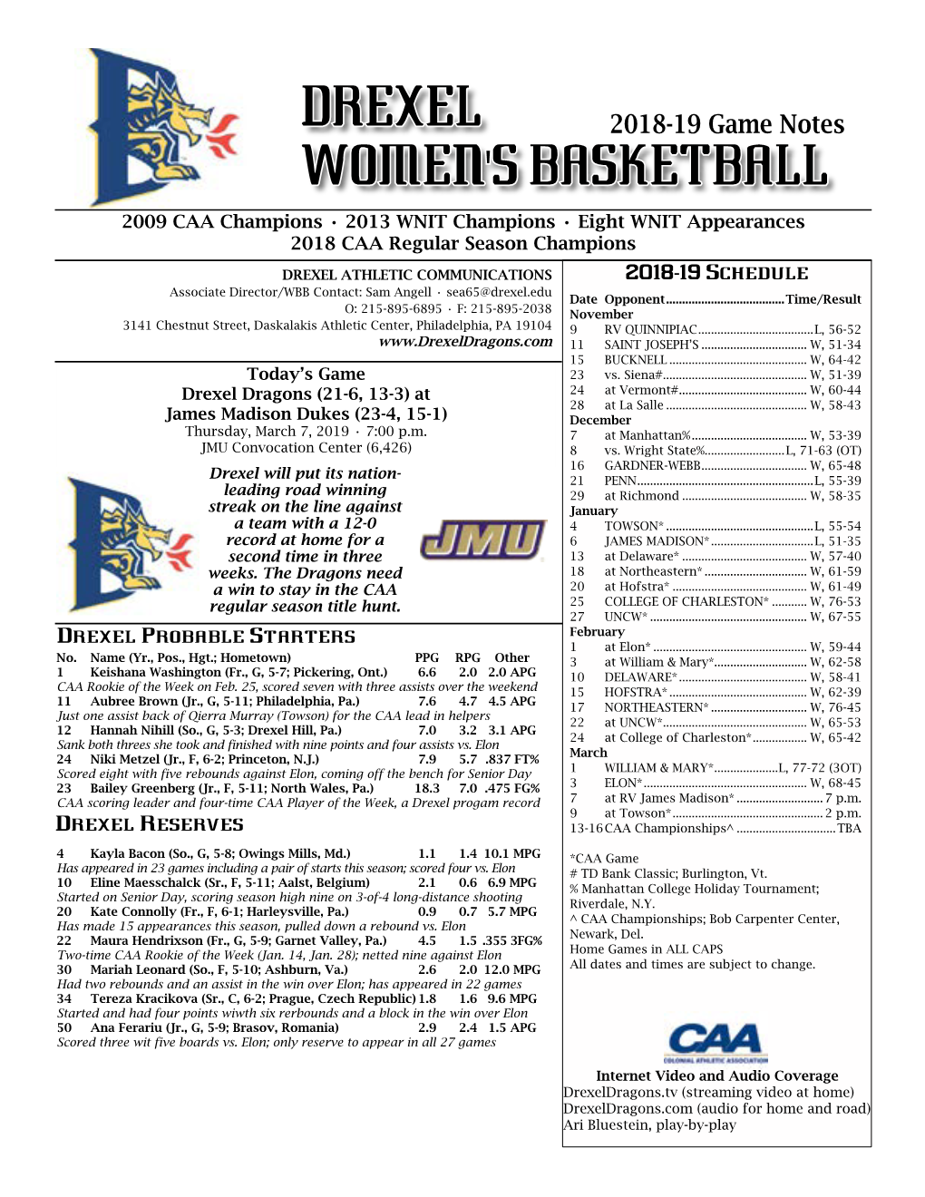 Drexel Women's Basketball Page 1/1 Combined Team Statistics As of Mar 04, 2019 All Games