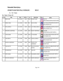 STUDENT's ELECTION FINAL VOTER LIST : 2012-13 Dinabandhu