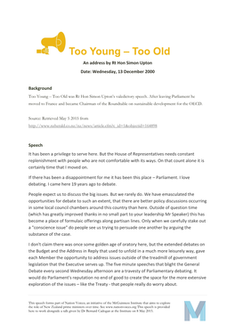 Too Young – Too Old an Address by Rt Hon Simon Upton Date: Wednesday, 13 December 2000