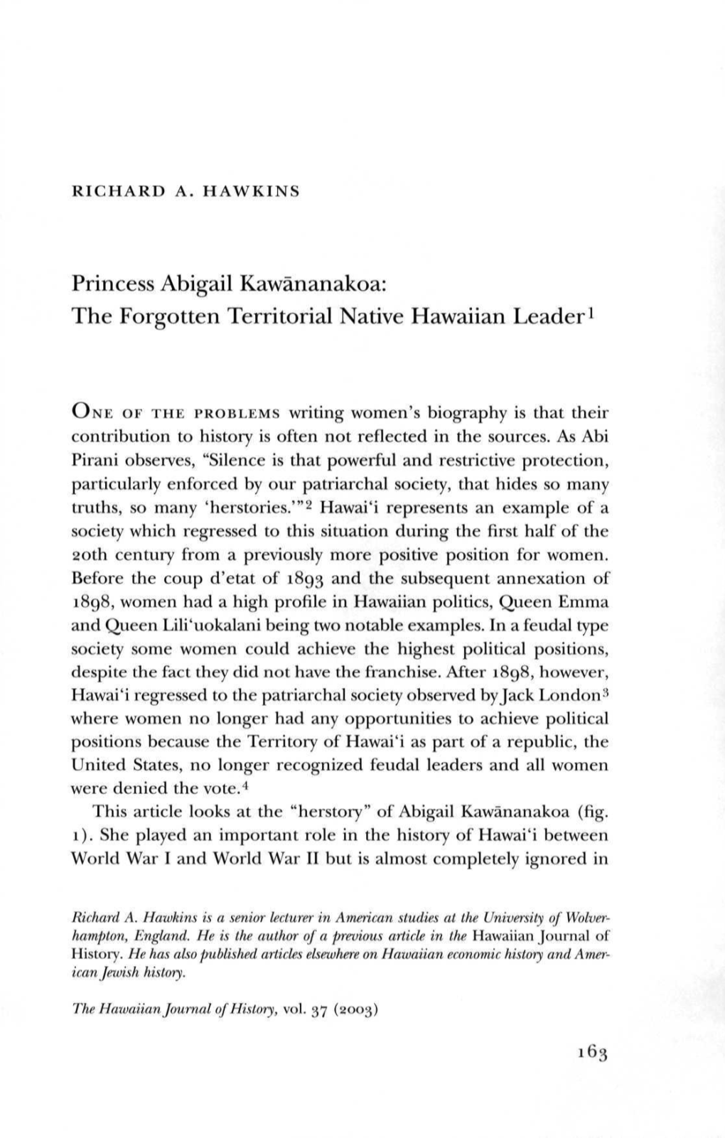 Princess Abigail Kawananakoa: the Forgotten Territorial Native Hawaiian Leader1