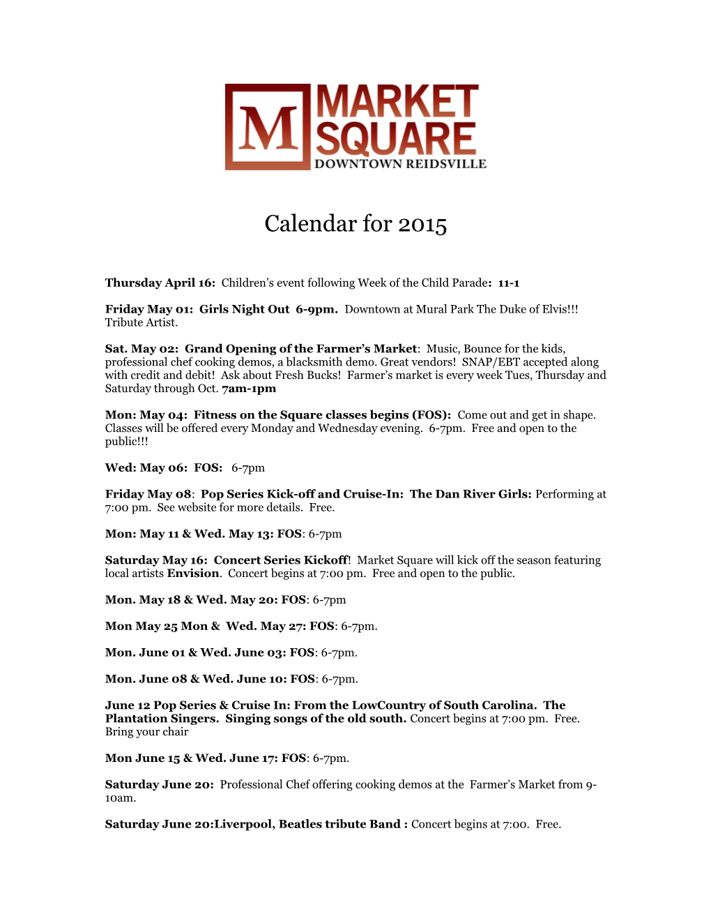 Market Square Schedule 2011