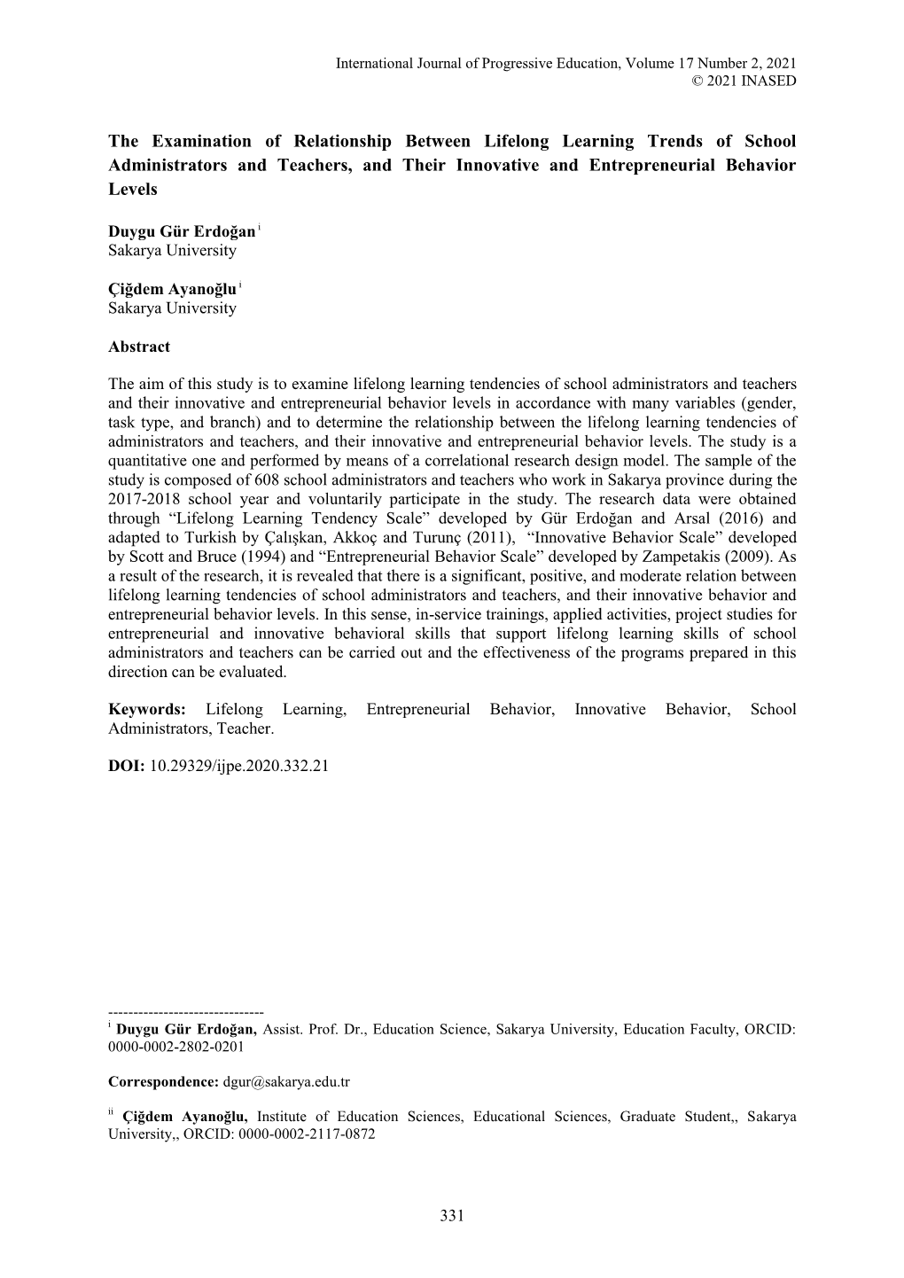 The Examination of Relationship Between Lifelong Learning Trends of School Administrators and Teachers, and Their Innovative and Entrepreneurial Behavior Levels