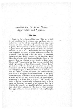 Lucretius and De Rerum Natura: Appreciation and Appraisal