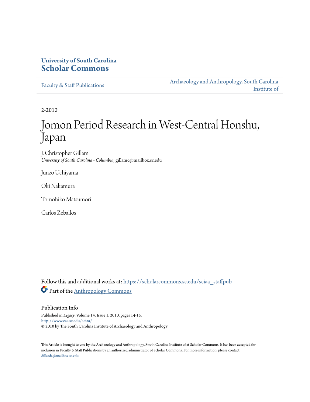 Jomon Period Research in West-Central Honshu, Japan J