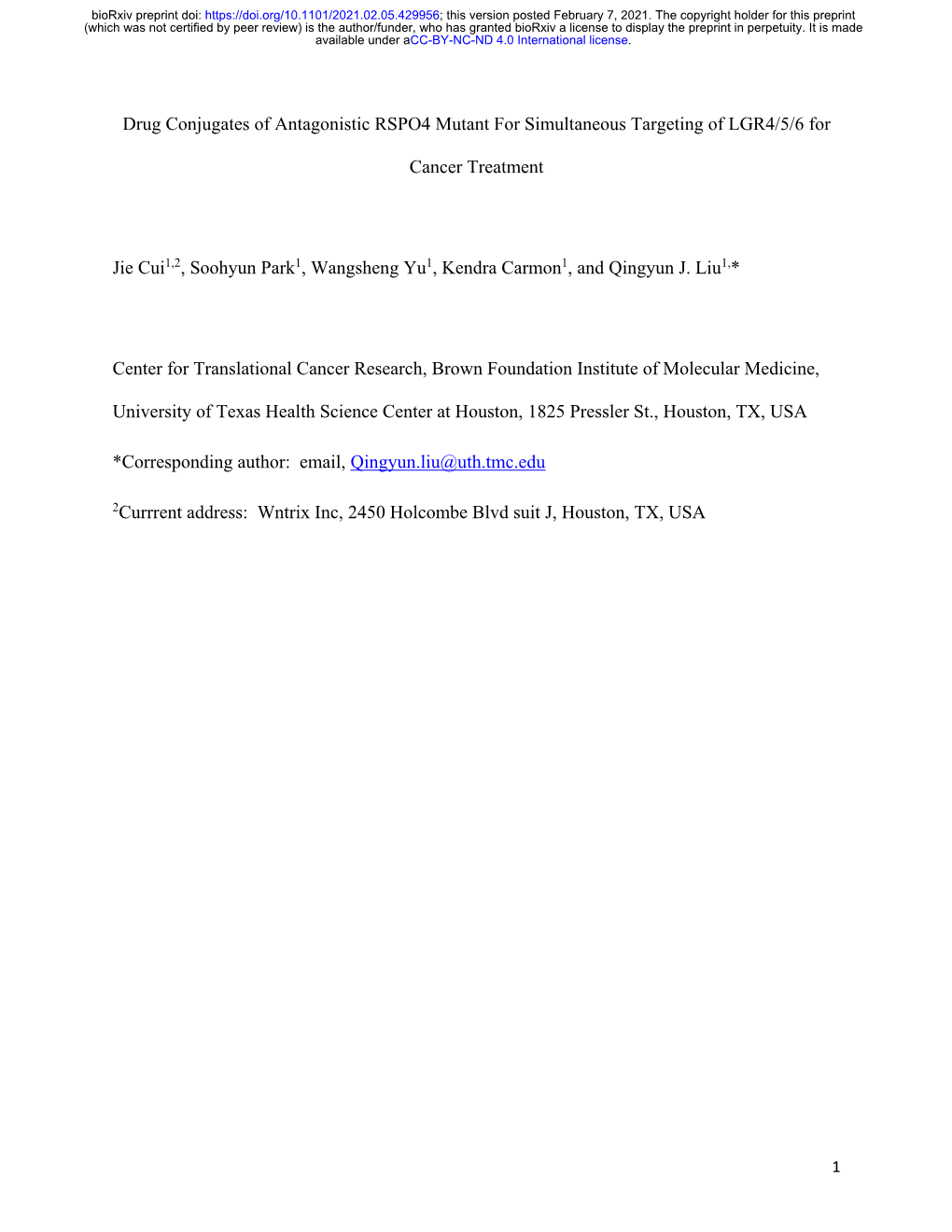 Drug Conjugates of Antagonistic RSPO4 Mutant for Simultaneous Targeting of LGR4/5/6 For