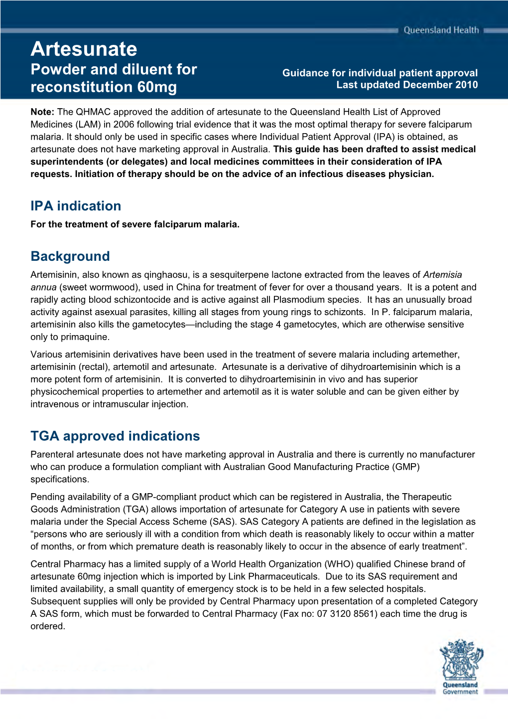 Artesunate Powder and Diluent for Guidance for Individual Patient Approval Reconstitution 60Mg Last Updated December 2010