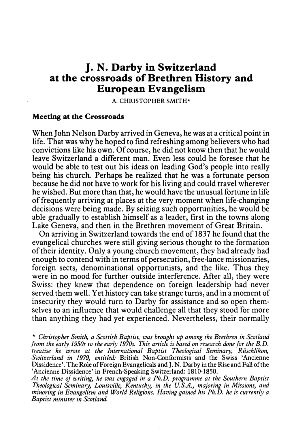 J. N. Darby in Switzerland at the Crossroads of Brethren History and European Evangelism A