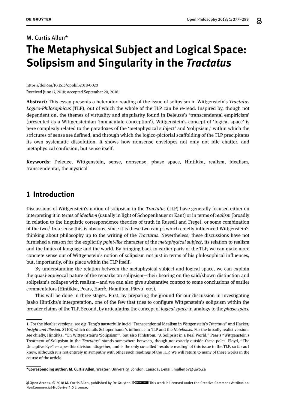 The Metaphysical Subject and Logical Space: Solipsism and Singularity in the Tractatus