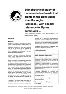 Ethnobotanical Study of Commercialized Medicinal Plants in the Beni Mellal- Khenifra Region