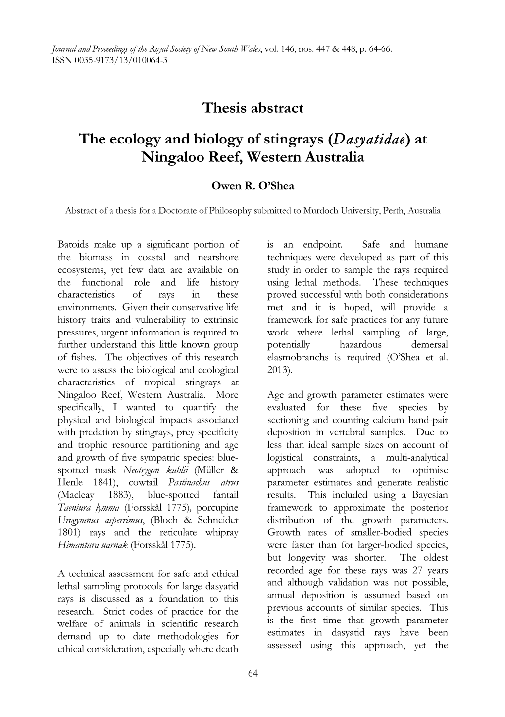 The Ecology and Biology of Stingrays (Dasyatidae) at Ningaloo Reef, Western Australia