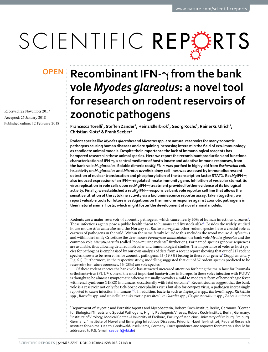 Recombinant IFN-Γ from the Bank Vole Myodes Glareolus: a Novel Tool for Research on Rodent Reservoirs of Zoonotic Pathogens