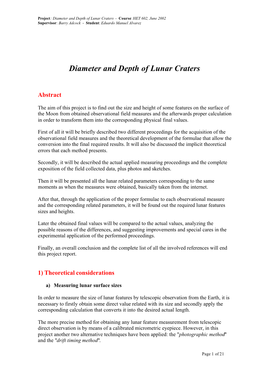 Diameter and Depth of Lunar Craters - Course: HET 602, June 2002 Supervisor: Barry Adcock - Student: Eduardo Manuel Alvarez