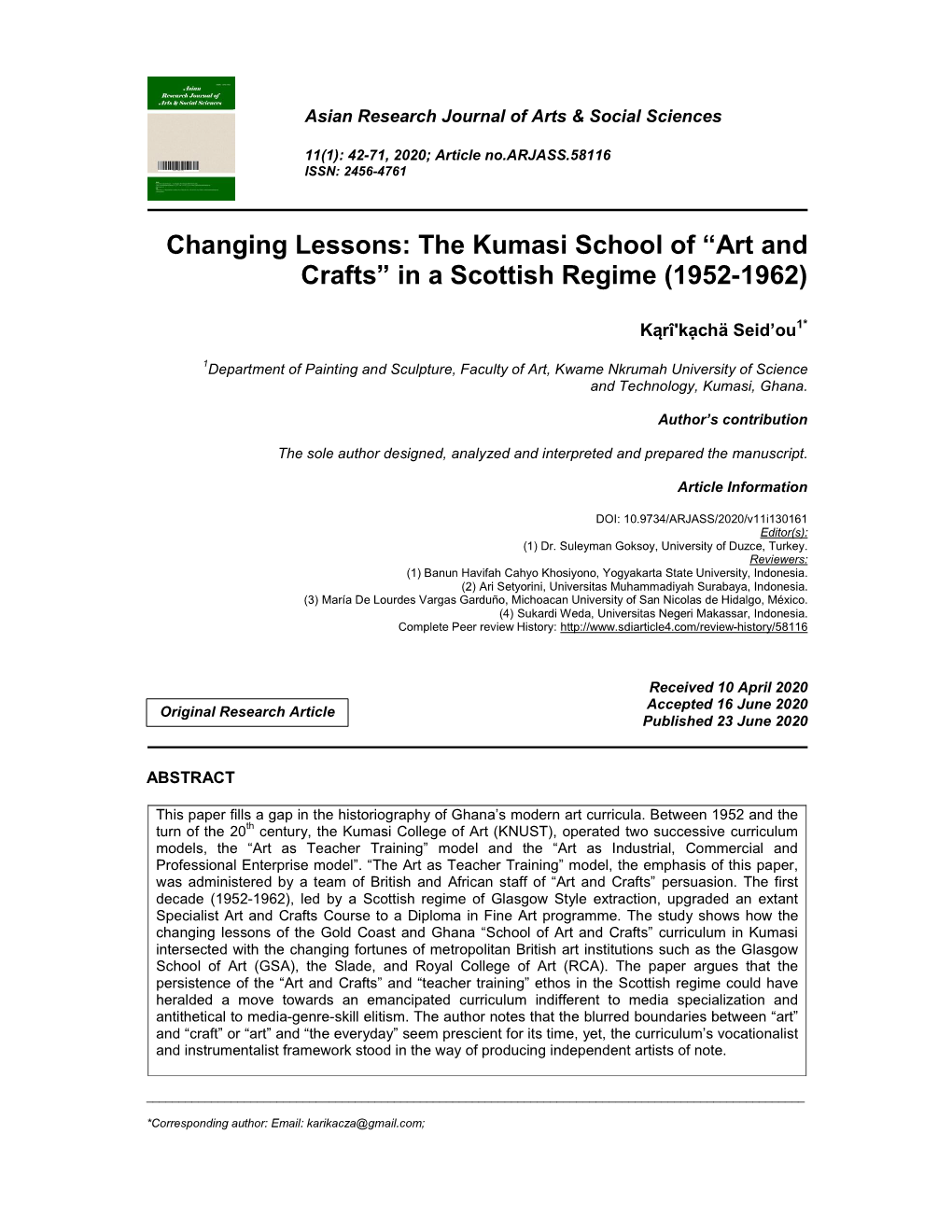 Changing Lessons: the Kumasi School of “Art and Crafts” in a Scottish Regime (1952-1962)