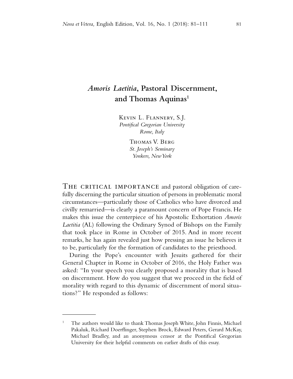 Amoris Laetitia, Pastoral Discernment, and Thomas Aquinas1