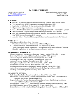 JUSTIN FILIBERTO PHONE: +1 (281) 486-2118 Lunar and Planetary Institute, USRA EMAIL: Jfiliberto@Lpi.Usra.Edu 3600 Bay Area Blvd